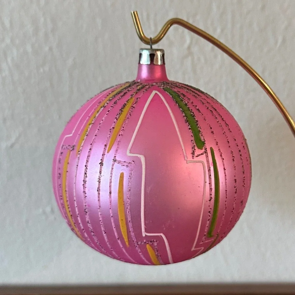 Vtg Poland Jumbo 4'' Polish Mica Ornament Pink Glass Christmas Ball MCM